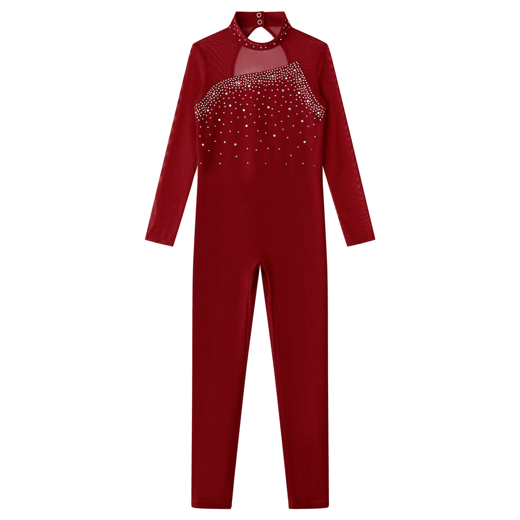 Girls Rhinestone Figure Skating Jumpsuit - Backless Gymnastic Leotard