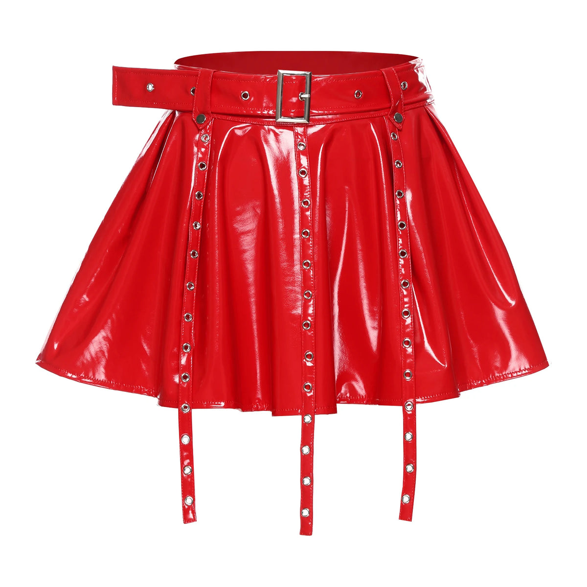 Glossy PU Leather Pleated Miniskirt - Eyelet Tassel Gothic Skirt