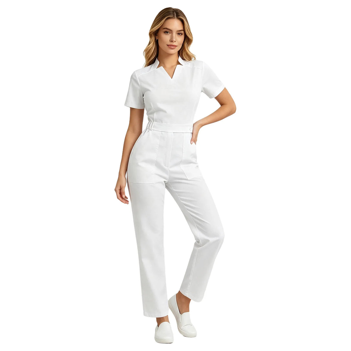 Women's Professional Scrub Jumpsuit - V-Neck Multi-Pocket Uniform