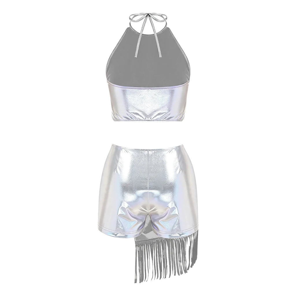 Women's Holographic Fringe 2-Piece Rave Outfit - Halter Set
