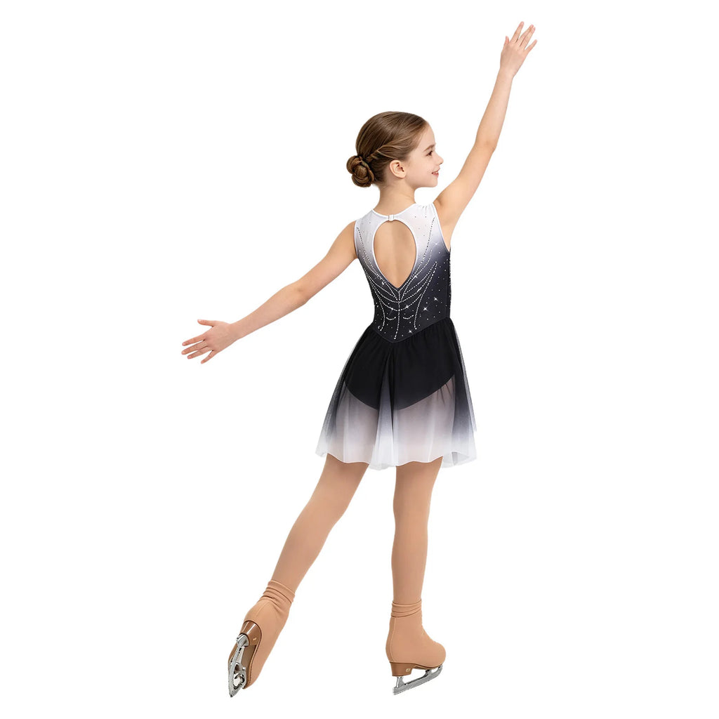 Girls Gradient Rhinestone Figure Skating Ballet Tutu Dress