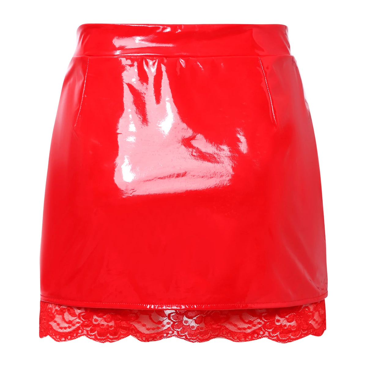 Glossy PU Leather High-Waist Miniskirt - Split Hem Floral Lace Skirt