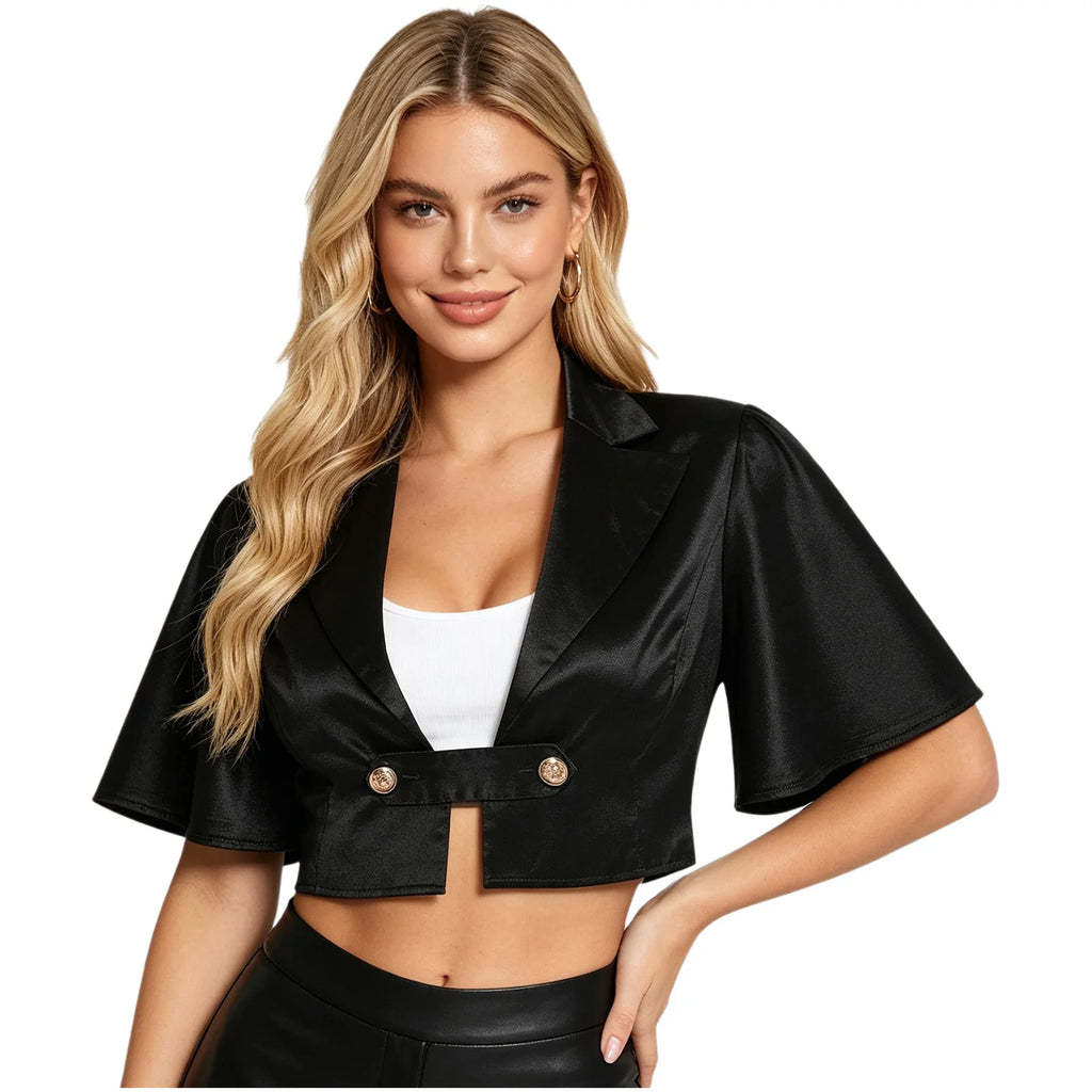 Women's Victorian Satin Cropped Blazer - Flounce Sleeve Rave Coat