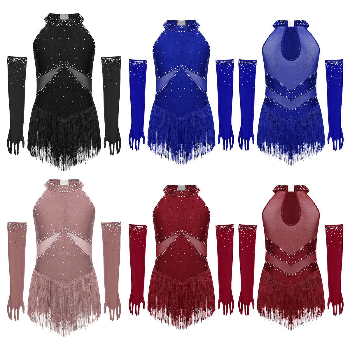 Girls Rhinestone Figure Skating Leotard - Fringe Dress with Gloves
