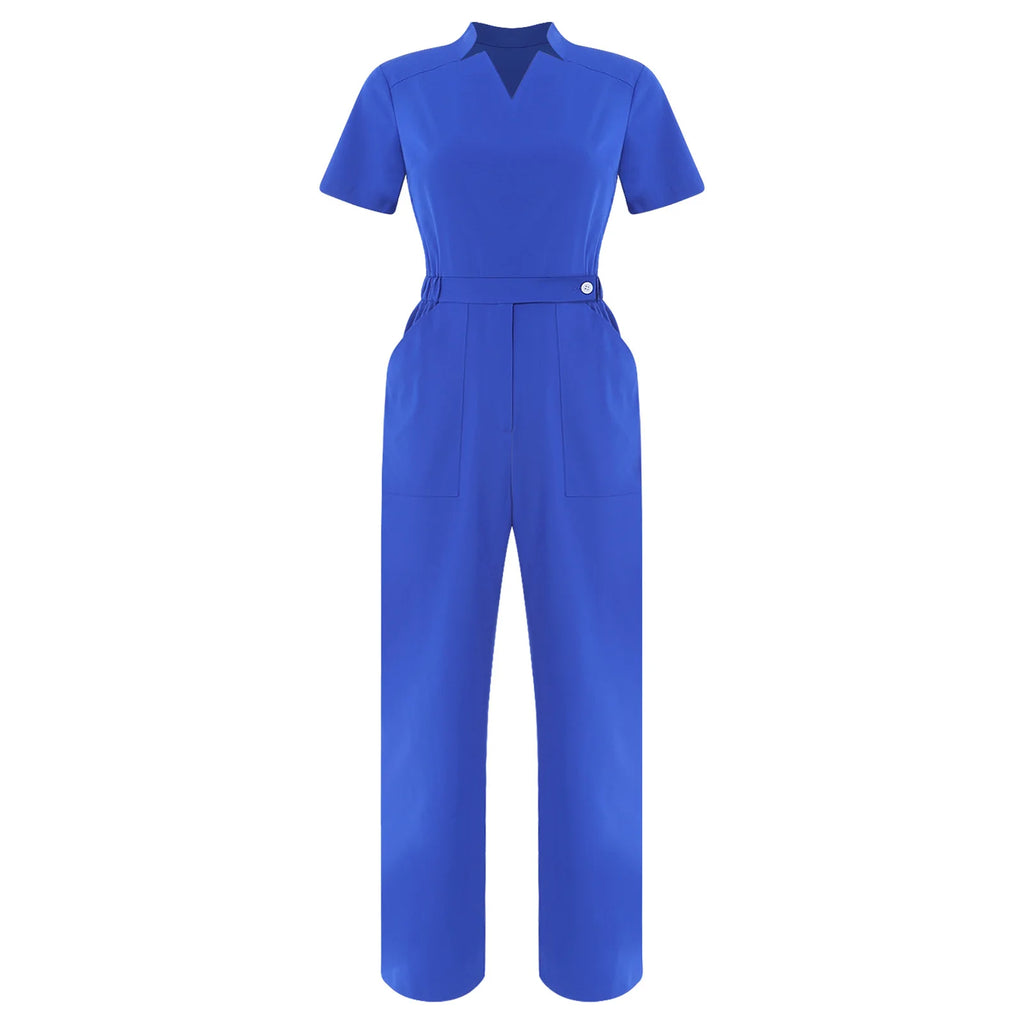 Women's Professional Scrub Jumpsuit - V-Neck Multi-Pocket Uniform