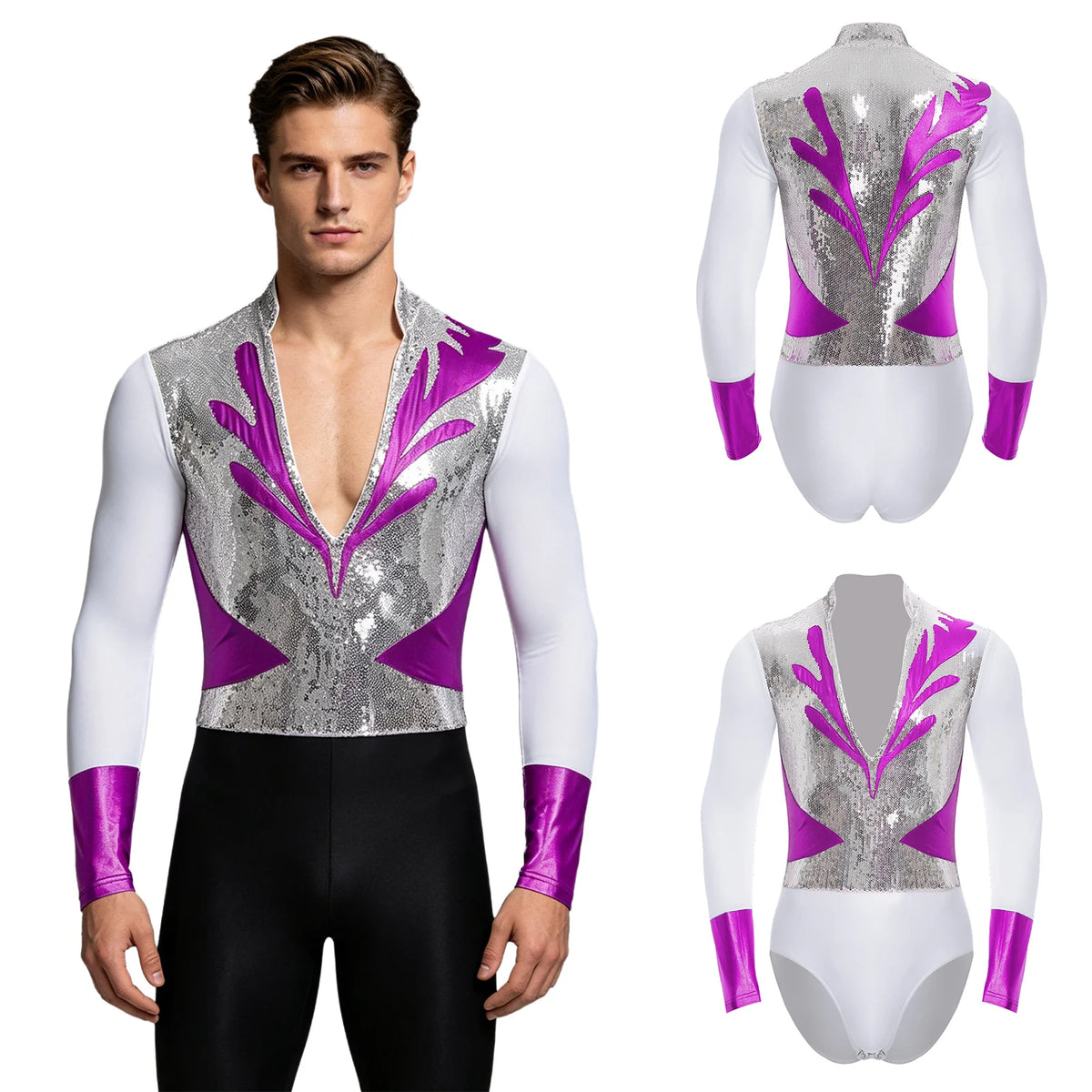 Men's Rhinestone Latin Dance Leotard - Skating & Ballroom Shirt