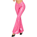 Women's Glossy PU Flare Bell-Bottom Pants - V-Waist Rave Clubwear