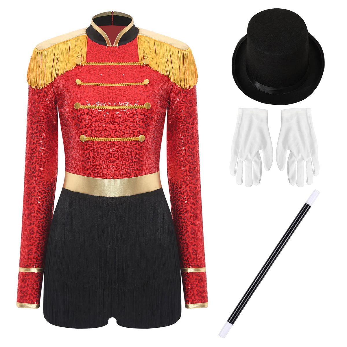 Circus Ringmaster Majorette Costume Set - Sequined Bodysuit with Hat & Wand