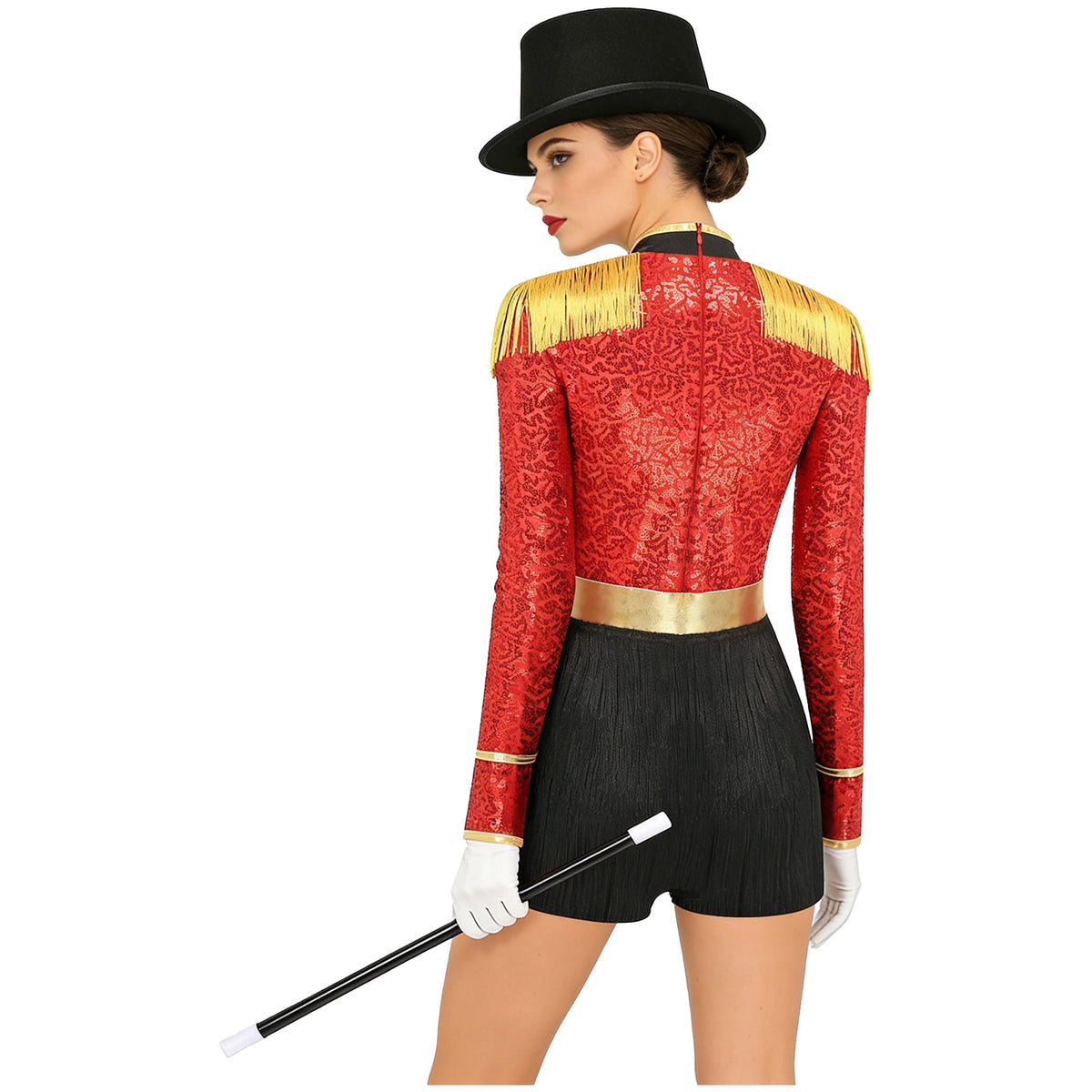 Circus Ringmaster Majorette Costume Set - Sequined Bodysuit with Hat & Wand