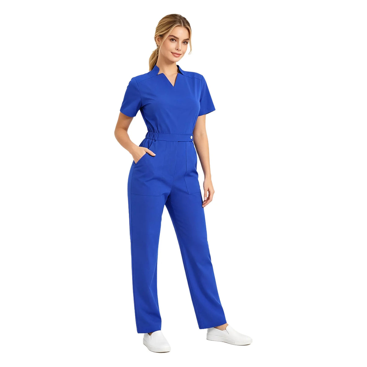Women's Professional Scrub Jumpsuit - V-Neck Multi-Pocket Uniform