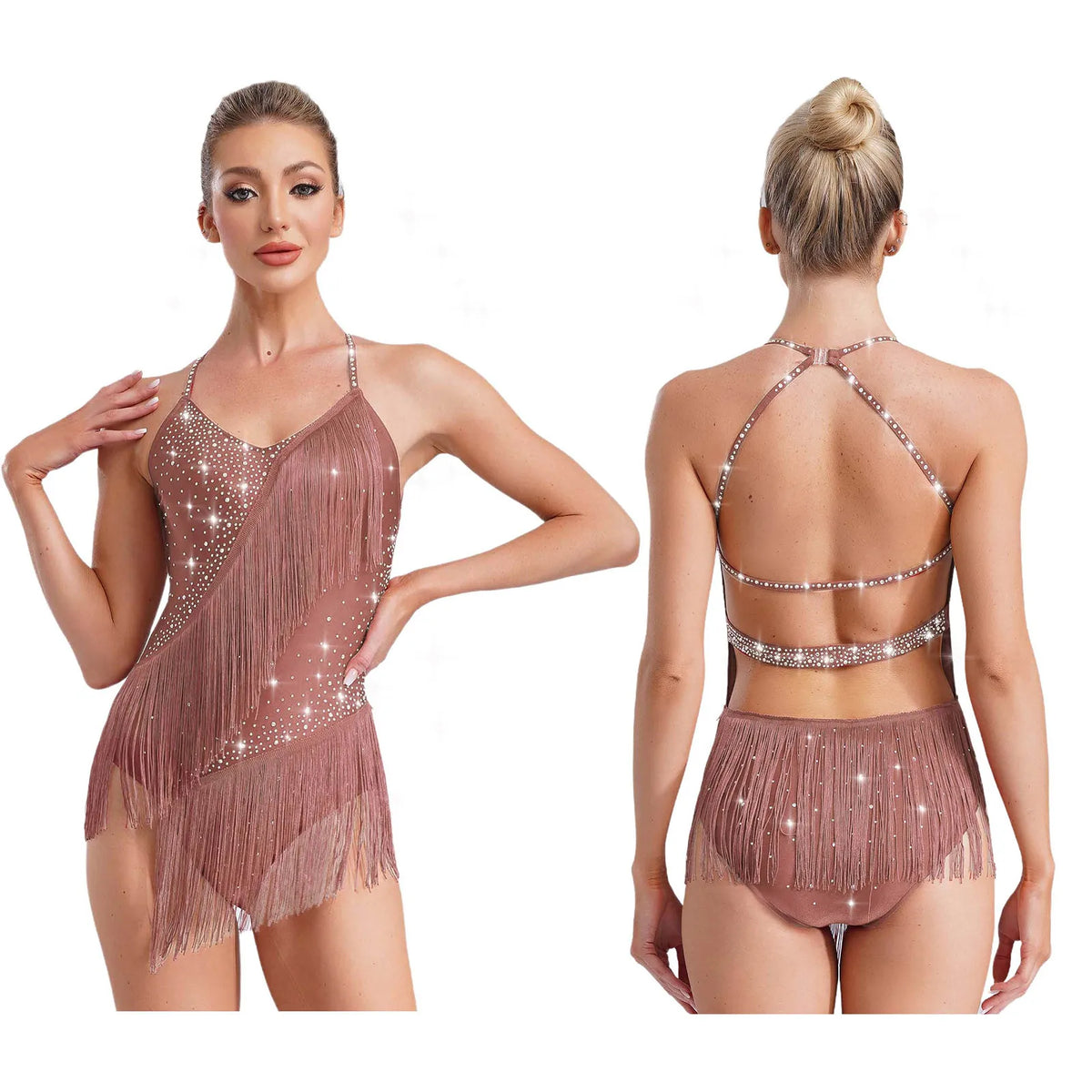Girls' Rhinestone Skating Leotard Jumpsuit - Back Cutout Tassel