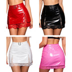 Glossy PU Leather High-Waist Miniskirt - Split Hem Floral Lace Skirt
