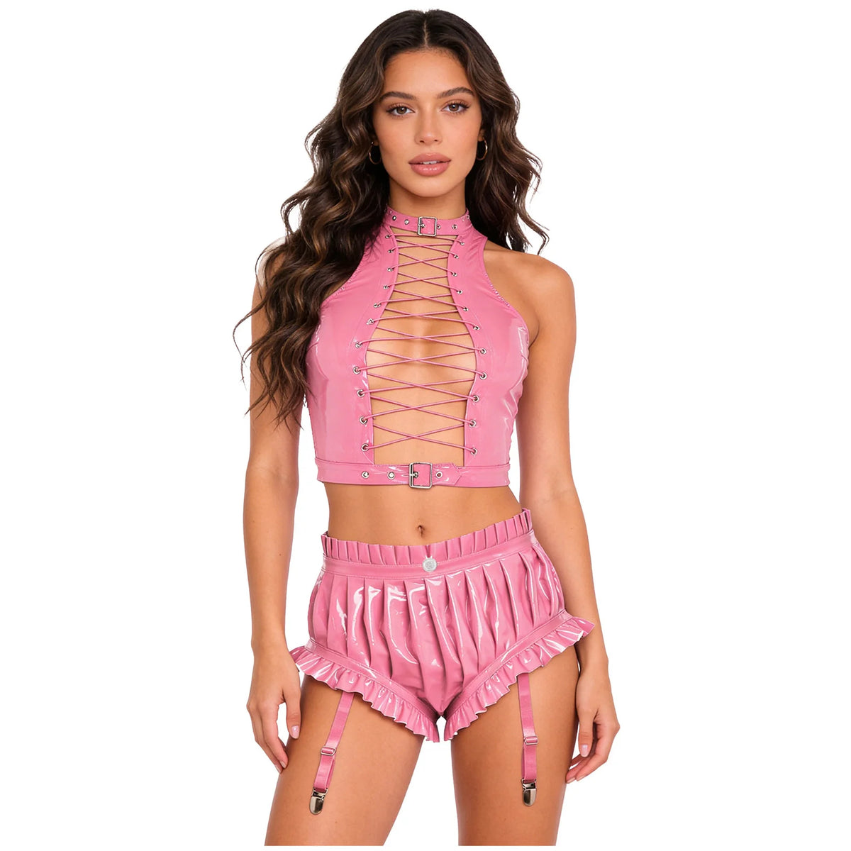 Lace-Up PU Leather Crop Top & Ruffled Shorts - Garter Clip Pole Dance Set