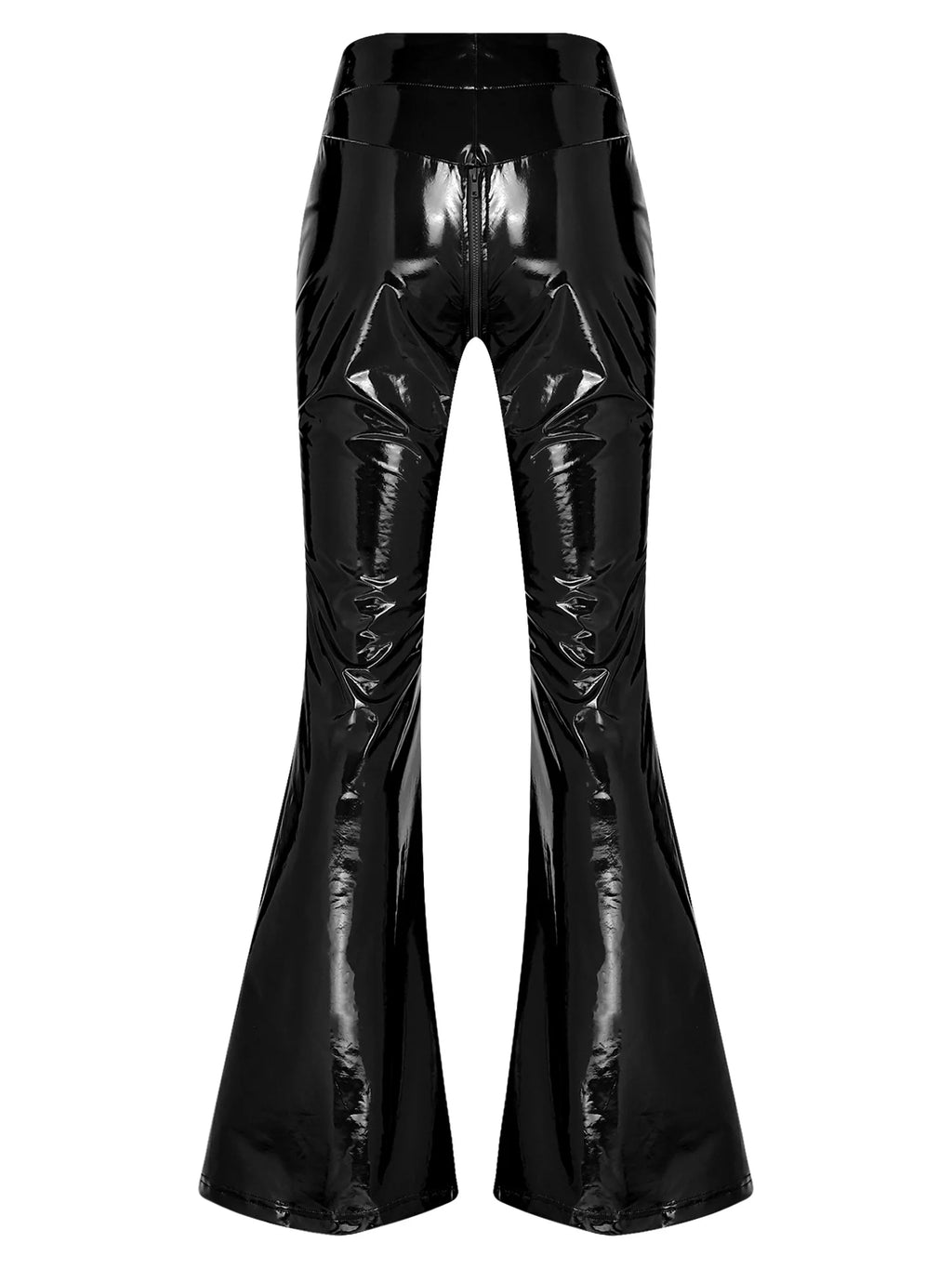 Women's Glossy PU Flare Bell-Bottom Pants - V-Waist Rave Clubwear