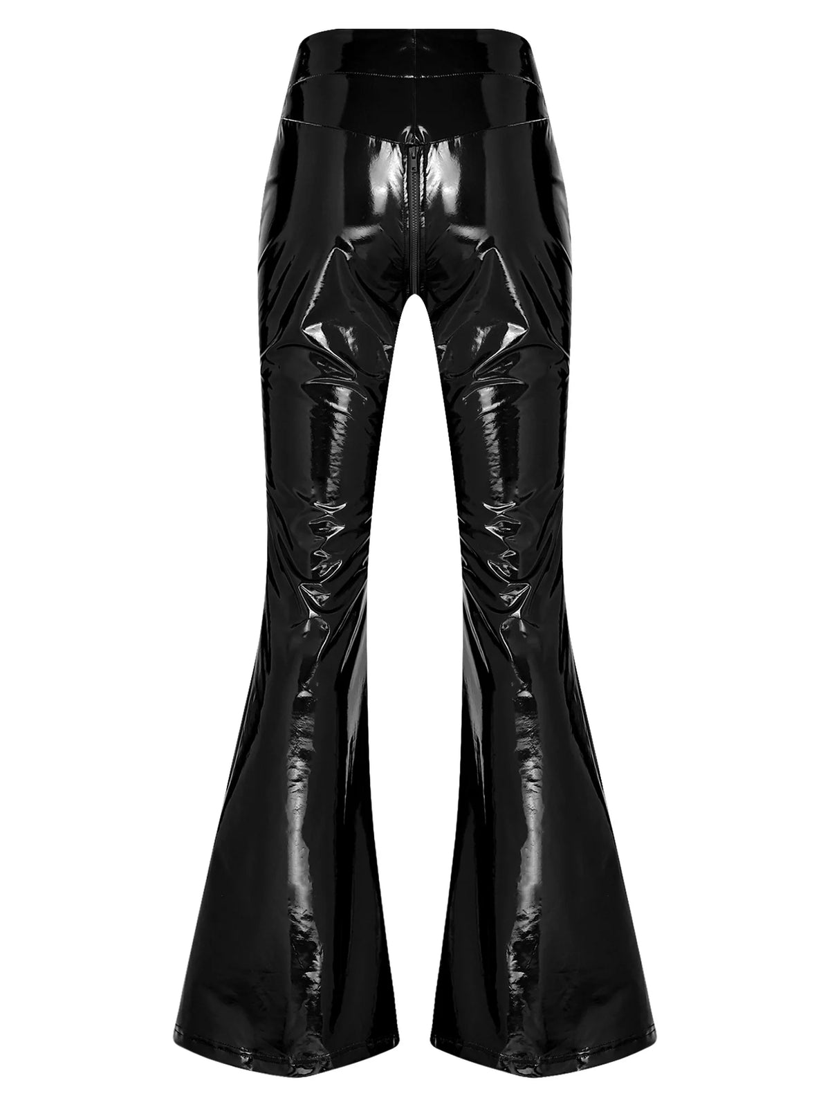 Women's Glossy PU Flare Bell-Bottom Pants - V-Waist Rave Clubwear