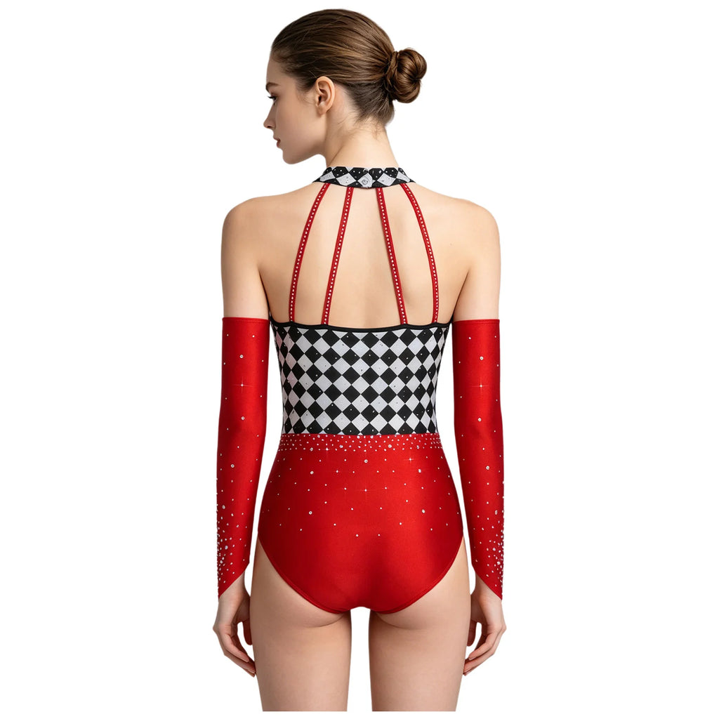 Women's Queen Clown Circus Halter Leotard with Detachable Sleeves