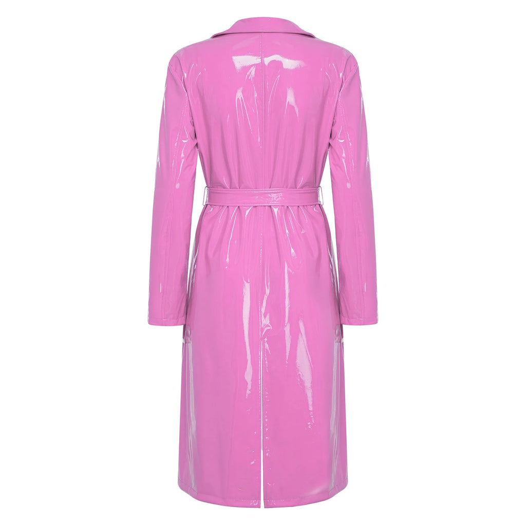 Glossy PU Leather Trench Coat with Belt - Open-Front Overcoat