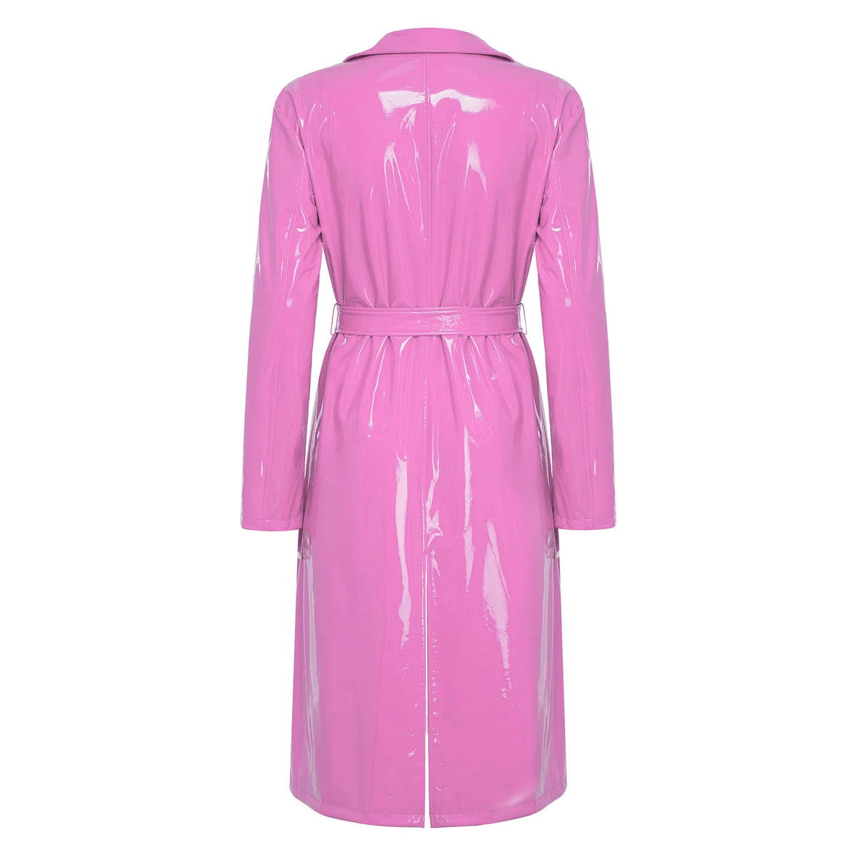 Glossy PU Leather Trench Coat with Belt - Open-Front Overcoat