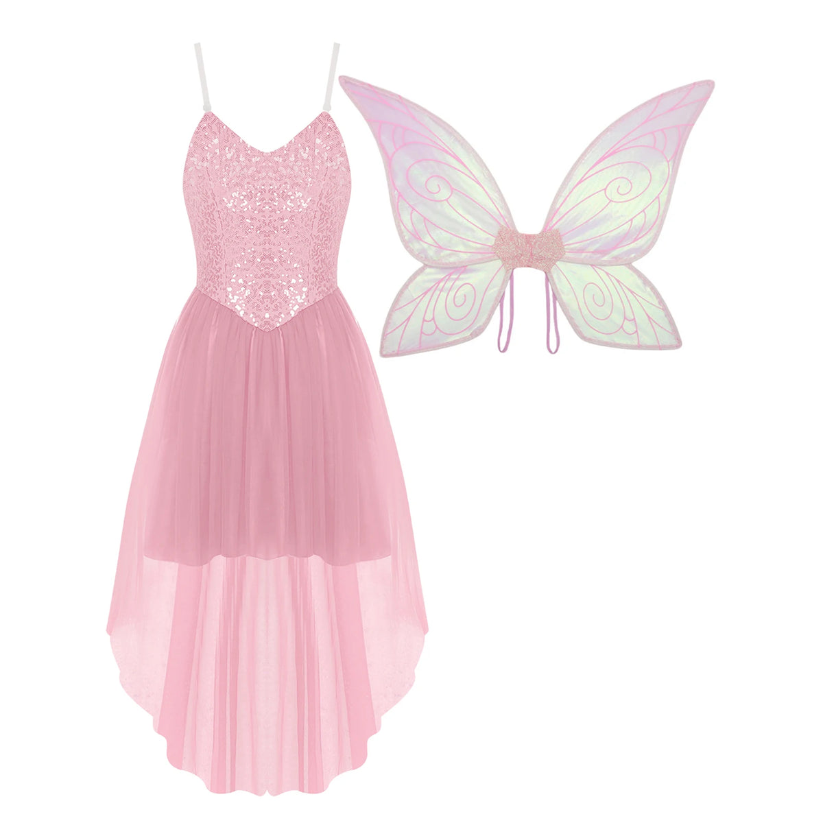Fairy Elf Sequin Dress Set - High-Low Tulle Dress with Wings