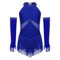 Girls Rhinestone Figure Skating Leotard - Fringe Dress with Gloves