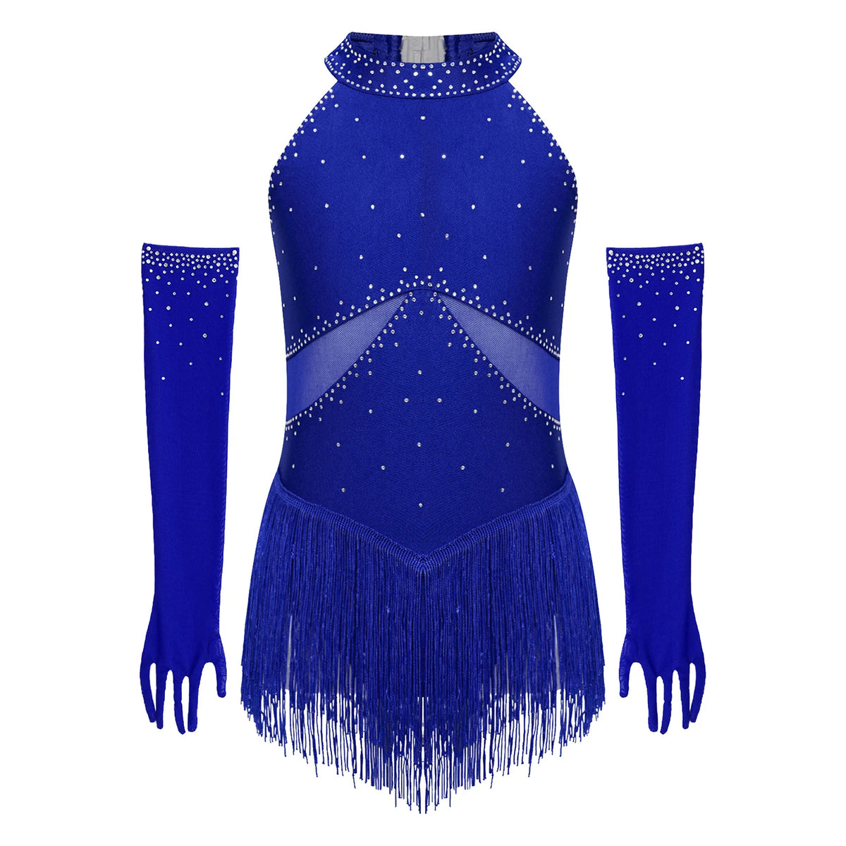 Girls Rhinestone Figure Skating Leotard - Fringe Dress with Gloves