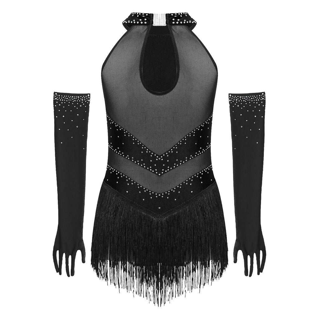 Girls Rhinestone Figure Skating Leotard - Fringe Dress with Gloves