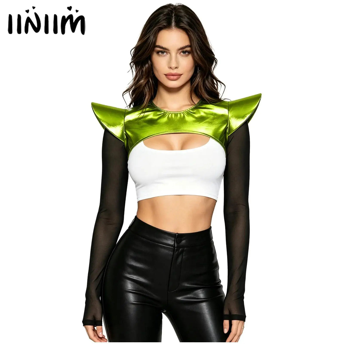 Gothic Metallic Shoulder Armor Shrug - Sheer Mesh Crop Top
