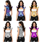 Futuristic Metallic Armor Corset Top - Zip-Front Cutout Bustier