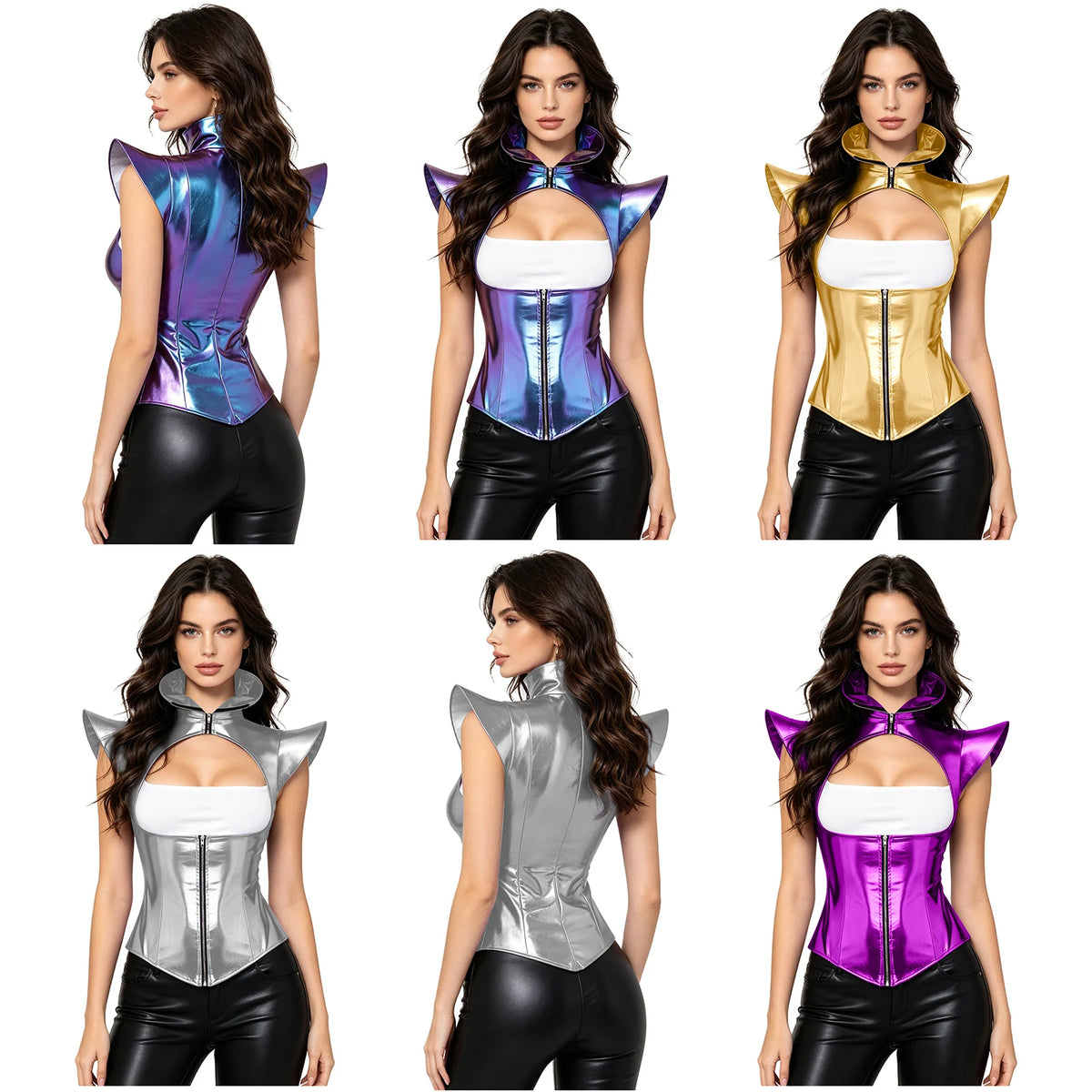 Futuristic Metallic Armor Corset Top - Zip-Front Cutout Bustier