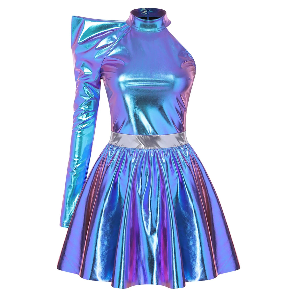 80s Metallic One-Shoulder Mini Skater Dress - Disco Cosplay Costume