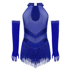 Girls Rhinestone Figure Skating Leotard - Fringe Dress with Gloves