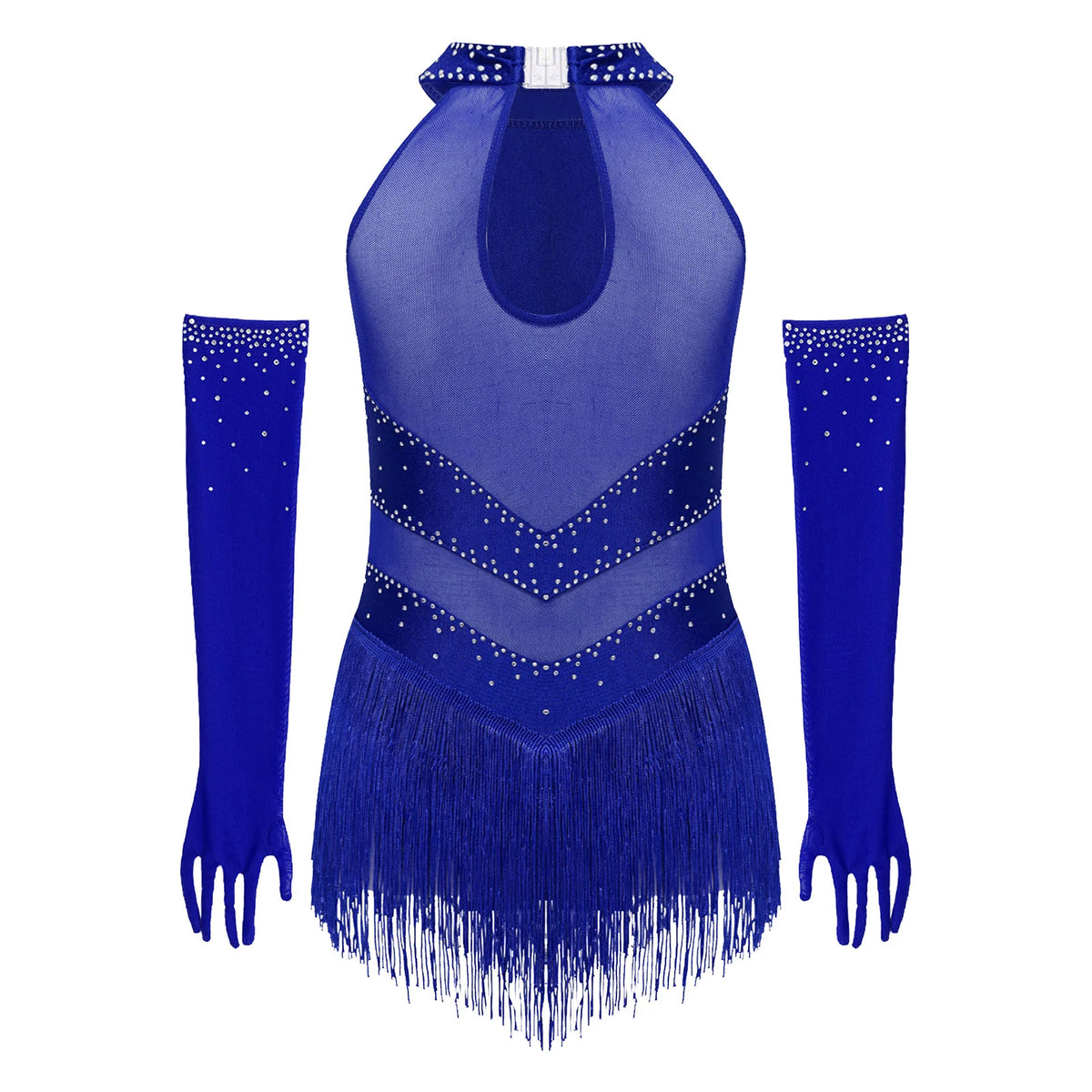 Girls Rhinestone Figure Skating Leotard - Fringe Dress with Gloves