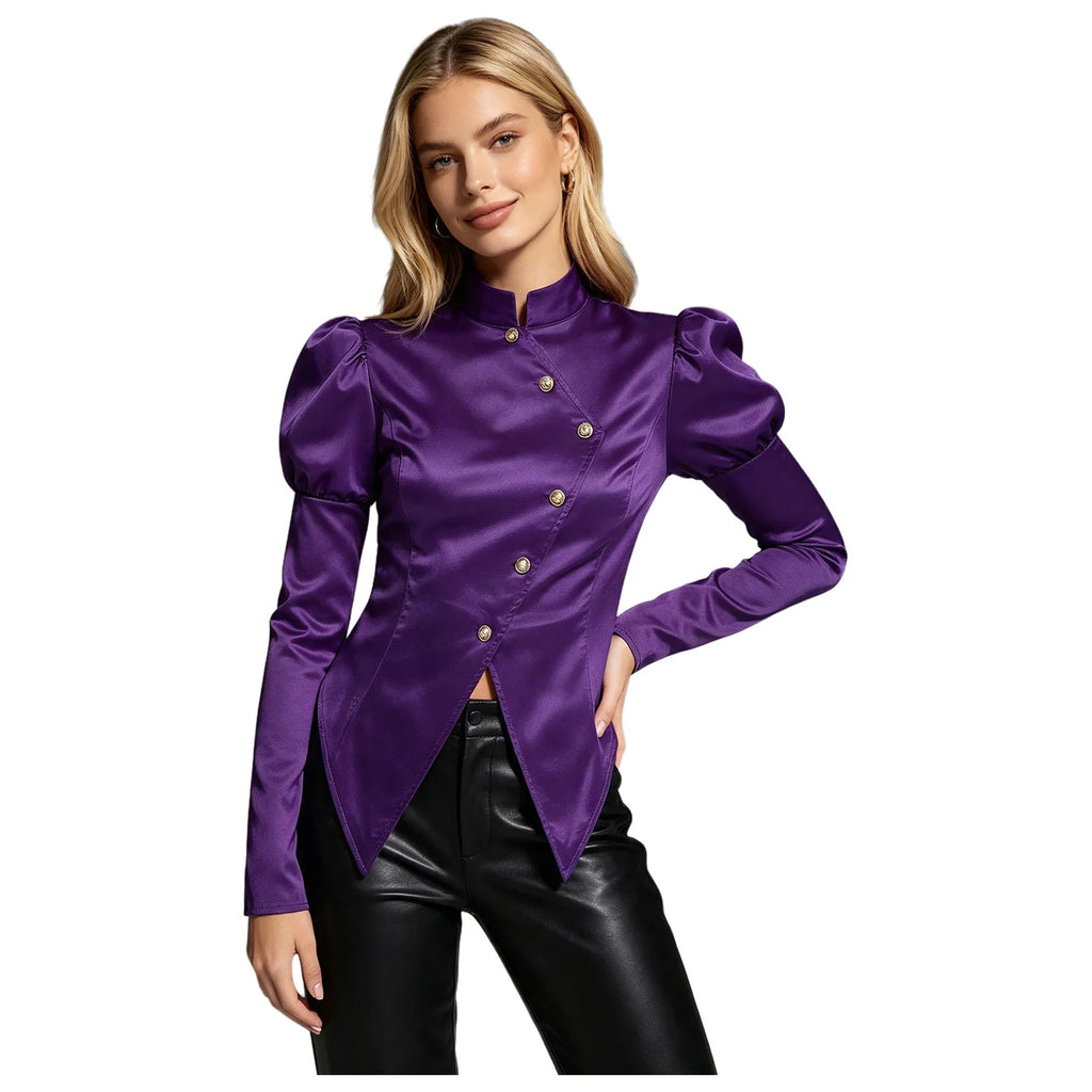 Women's Victorian Circus Ringmaster Satin Blazer - Puff Sleeve Top