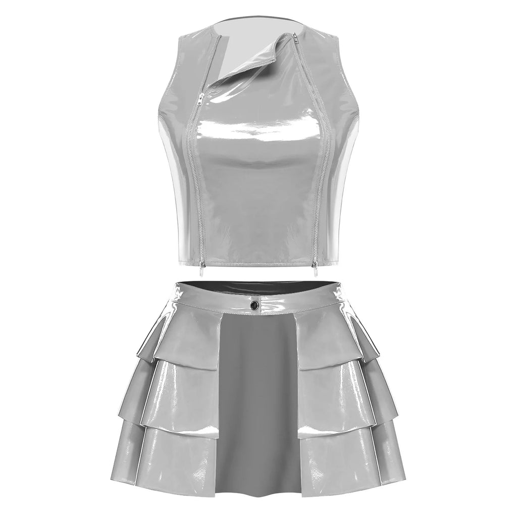 Glossy PU Leather Dance Outfit - Zipper Crop Top & Ruffled Skirt