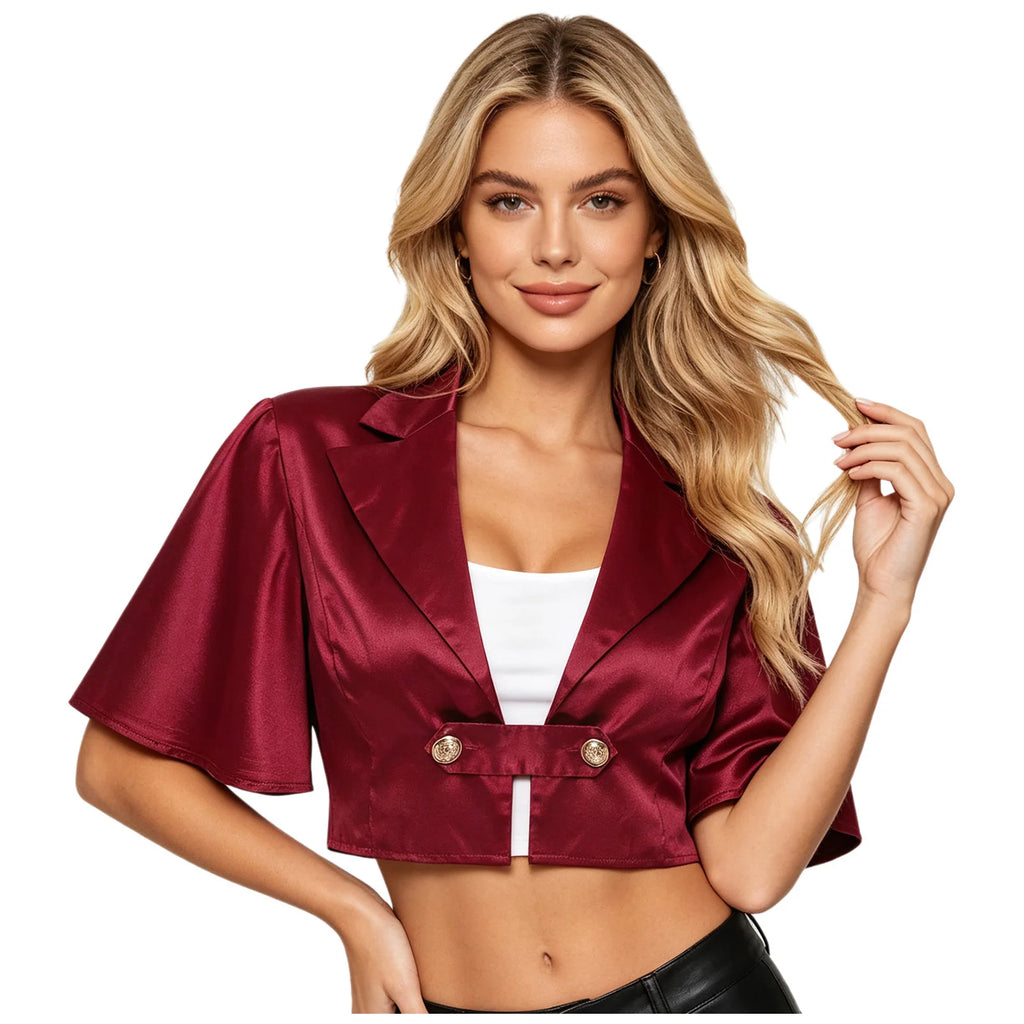 Women's Victorian Satin Cropped Blazer - Flounce Sleeve Rave Coat