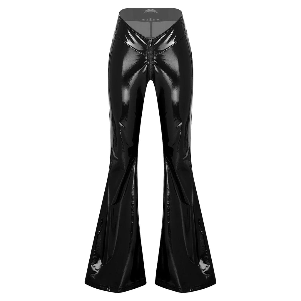 Women's Glossy PU Flare Bell-Bottom Pants - V-Waist Rave Clubwear