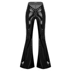 Women's Glossy PU Flare Bell-Bottom Pants - V-Waist Rave Clubwear