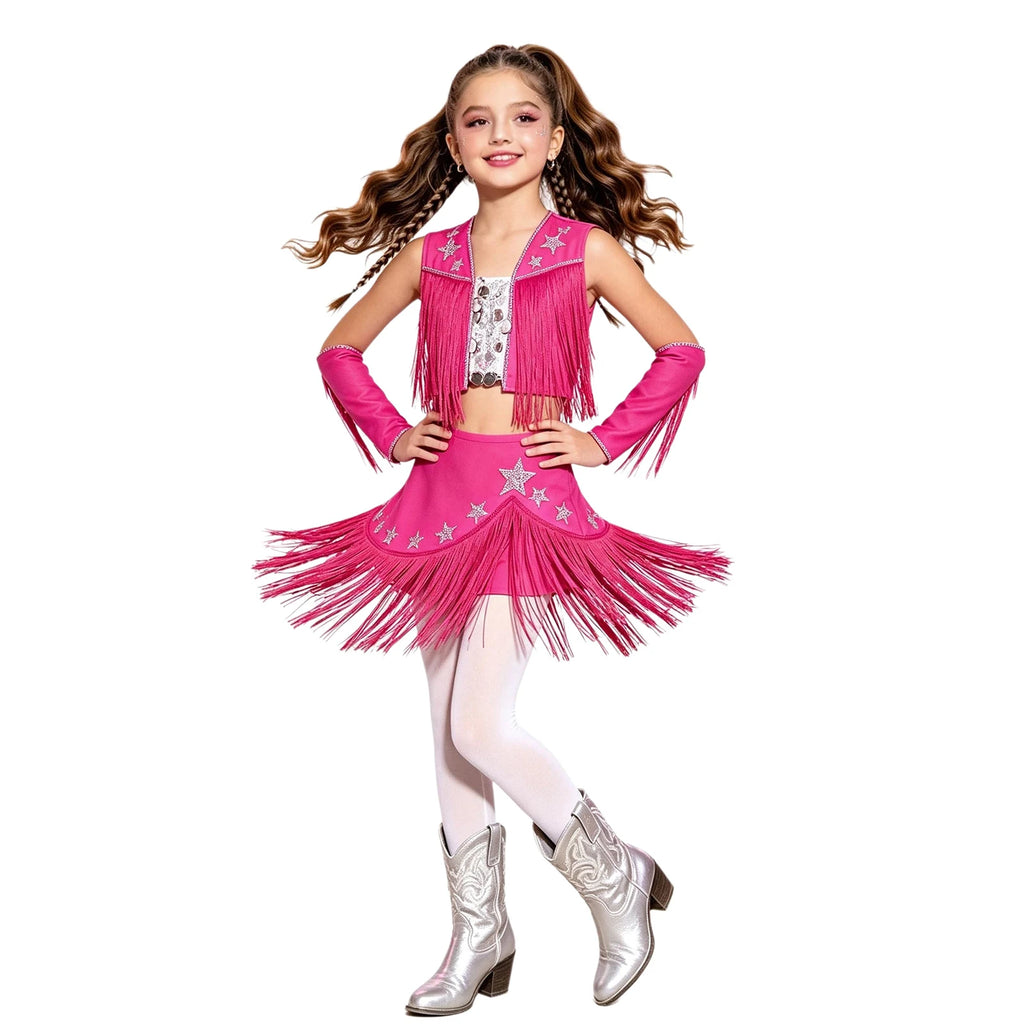 Girls Cowgirl Fringe Dance Costume - Sequined Tops & Skirt Set