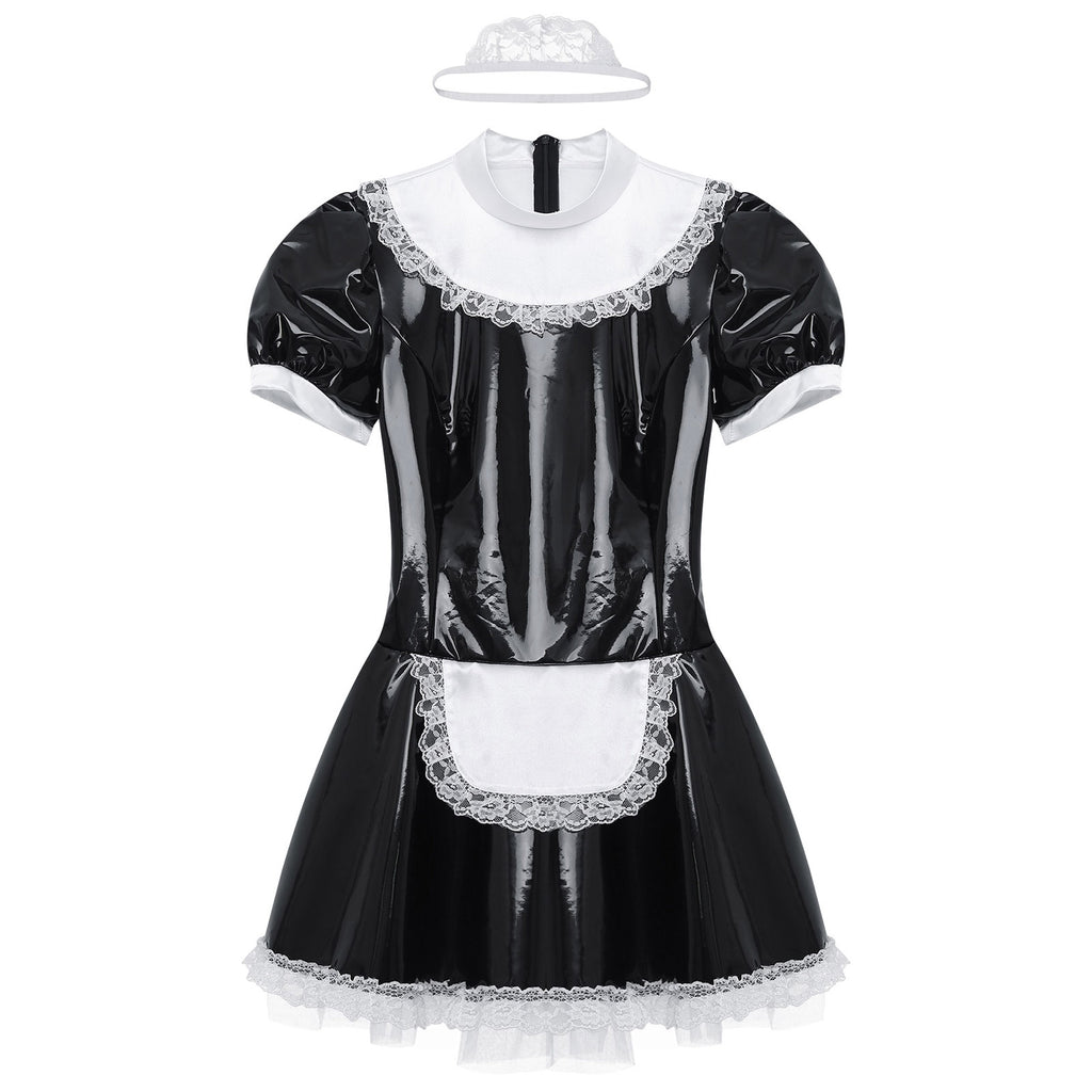 Cute Patent Leather French Maid Costume - Wet-Look Lace Roleplay Dress