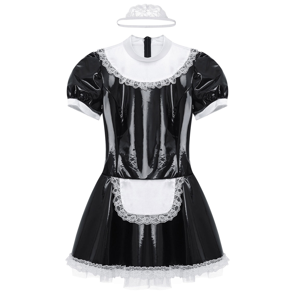 Cute Patent Leather French Maid Costume - Wet-Look Lace Roleplay Dress