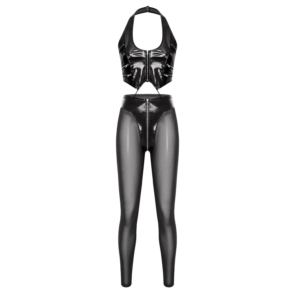 Y2K Glossy PU Leather Pants Set - Lace-Up Top & Sheer Mesh Leggings