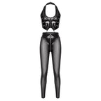 Y2K Glossy PU Leather Pants Set - Lace-Up Top & Sheer Mesh Leggings