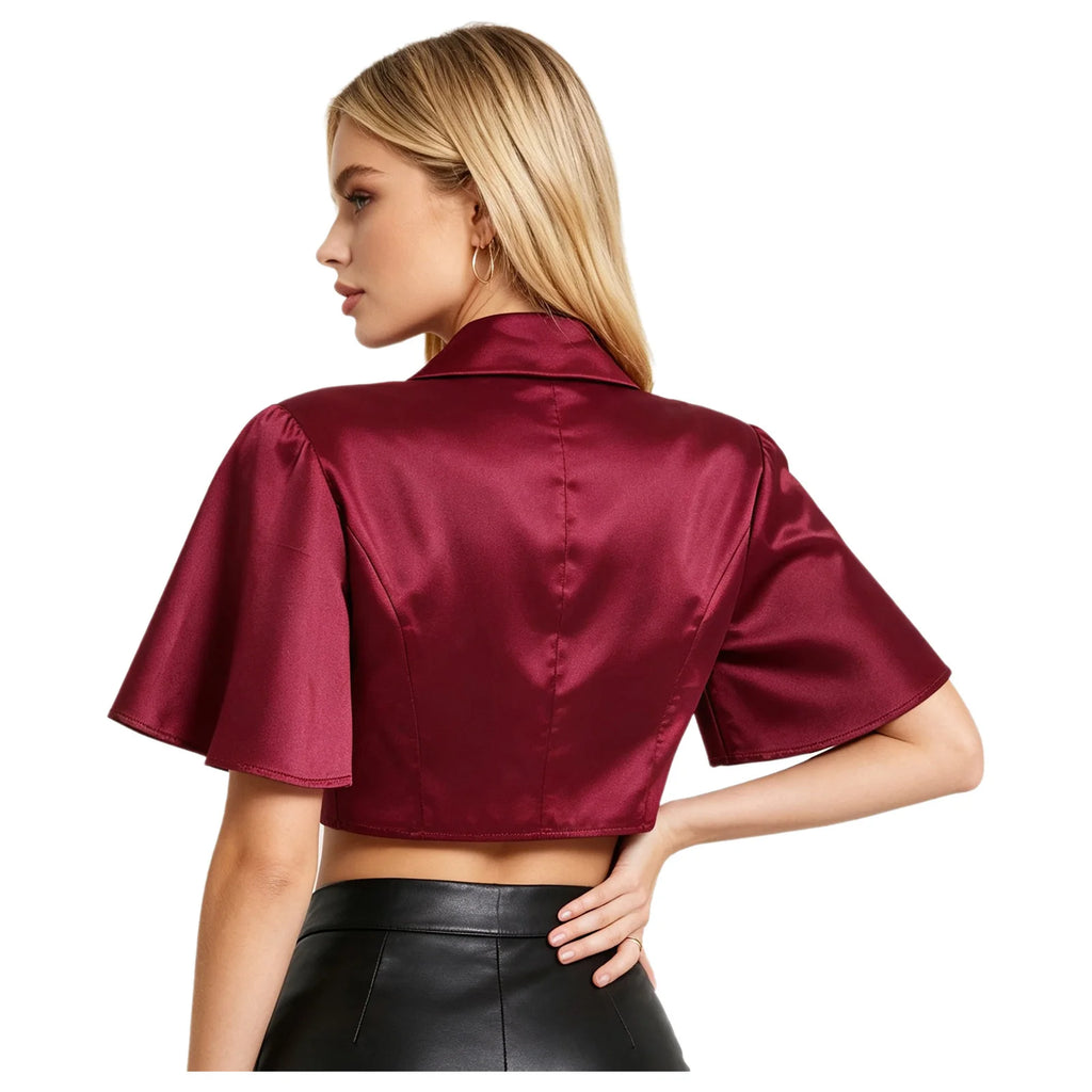 Women's Victorian Satin Cropped Blazer - Flounce Sleeve Rave Coat