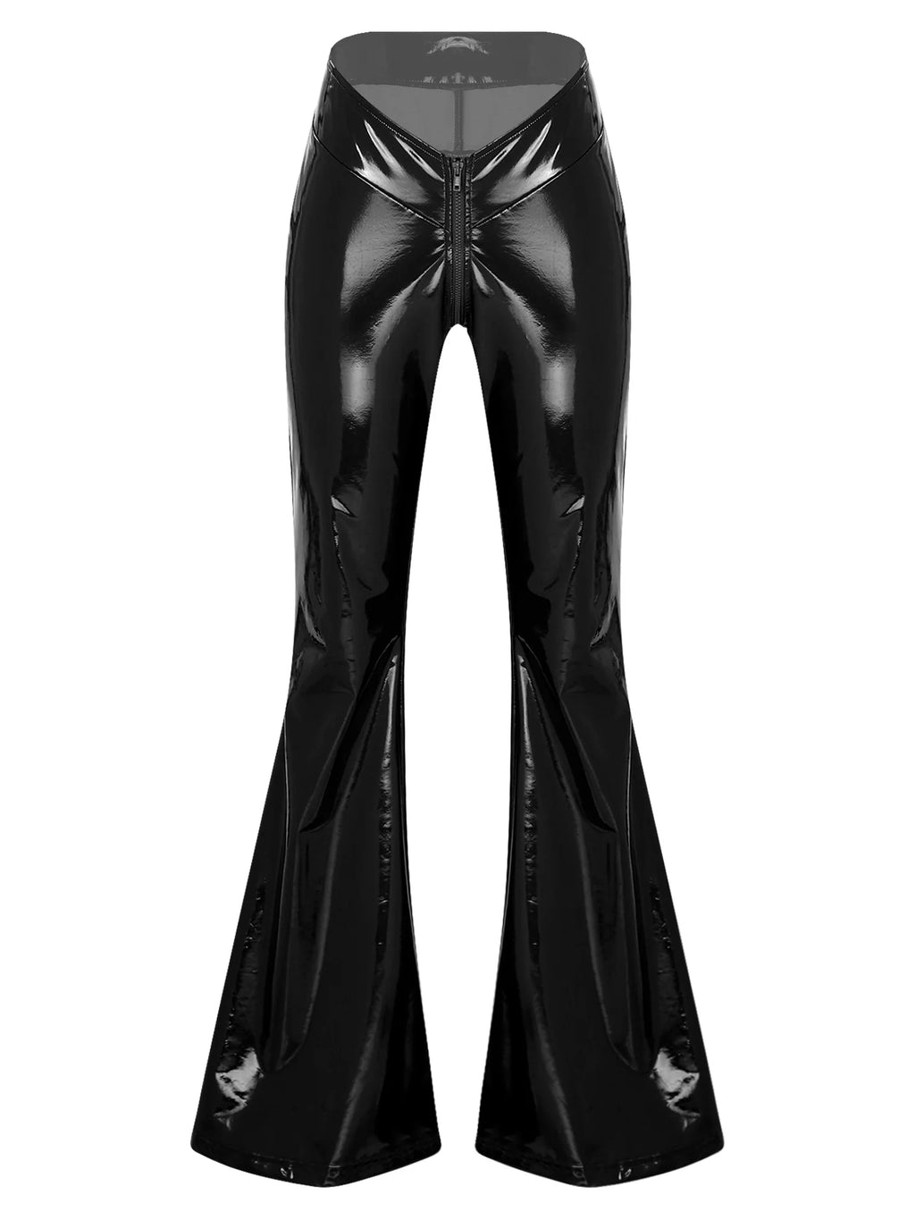 Women's Glossy PU Flare Bell-Bottom Pants - V-Waist Rave Clubwear