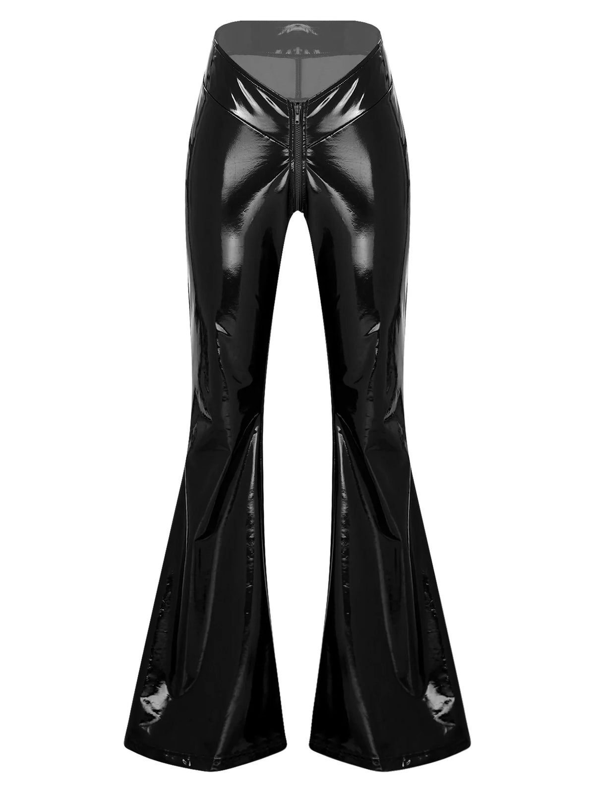 Women's Glossy PU Flare Bell-Bottom Pants - V-Waist Rave Clubwear