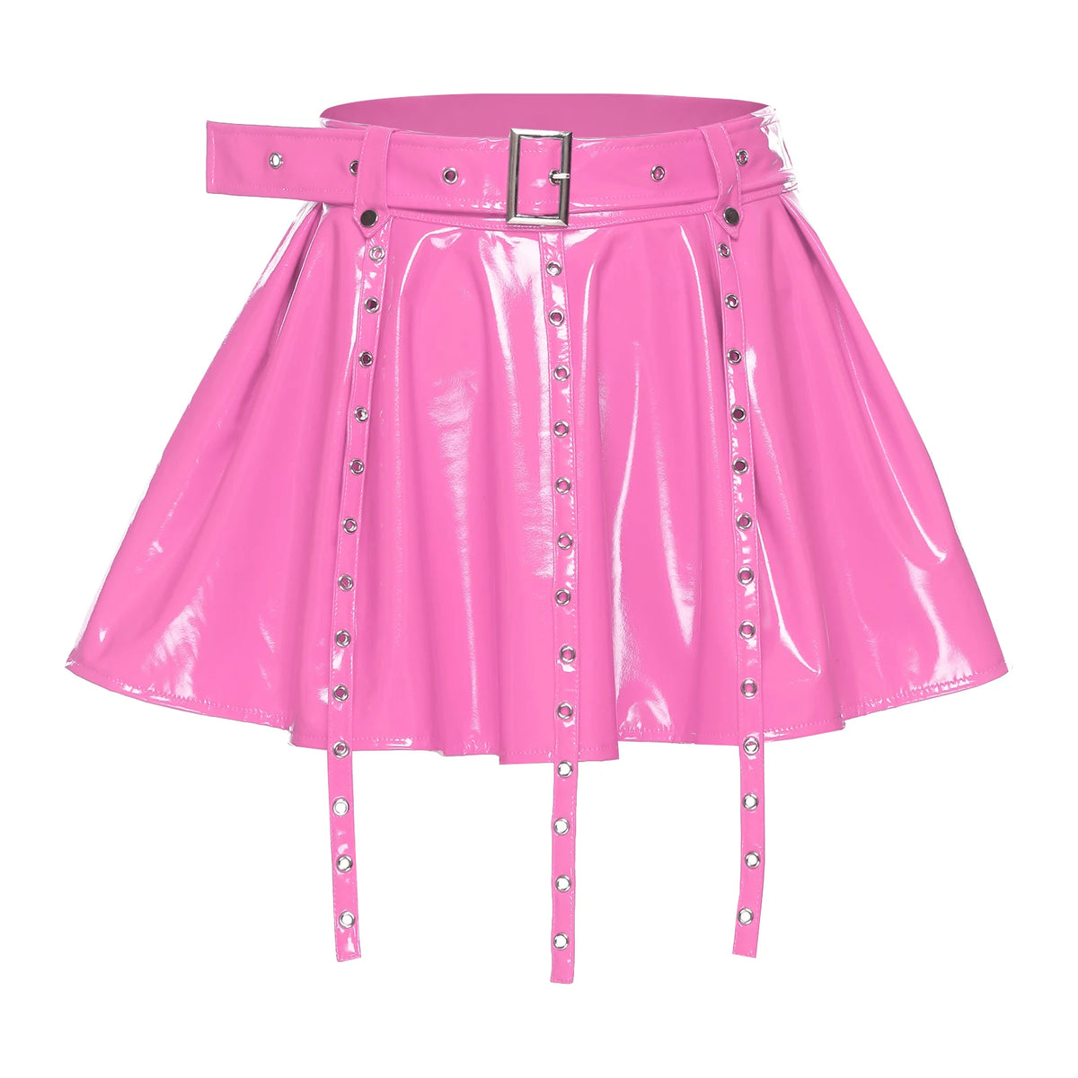 Glossy PU Leather Pleated Miniskirt - Eyelet Tassel Gothic Skirt