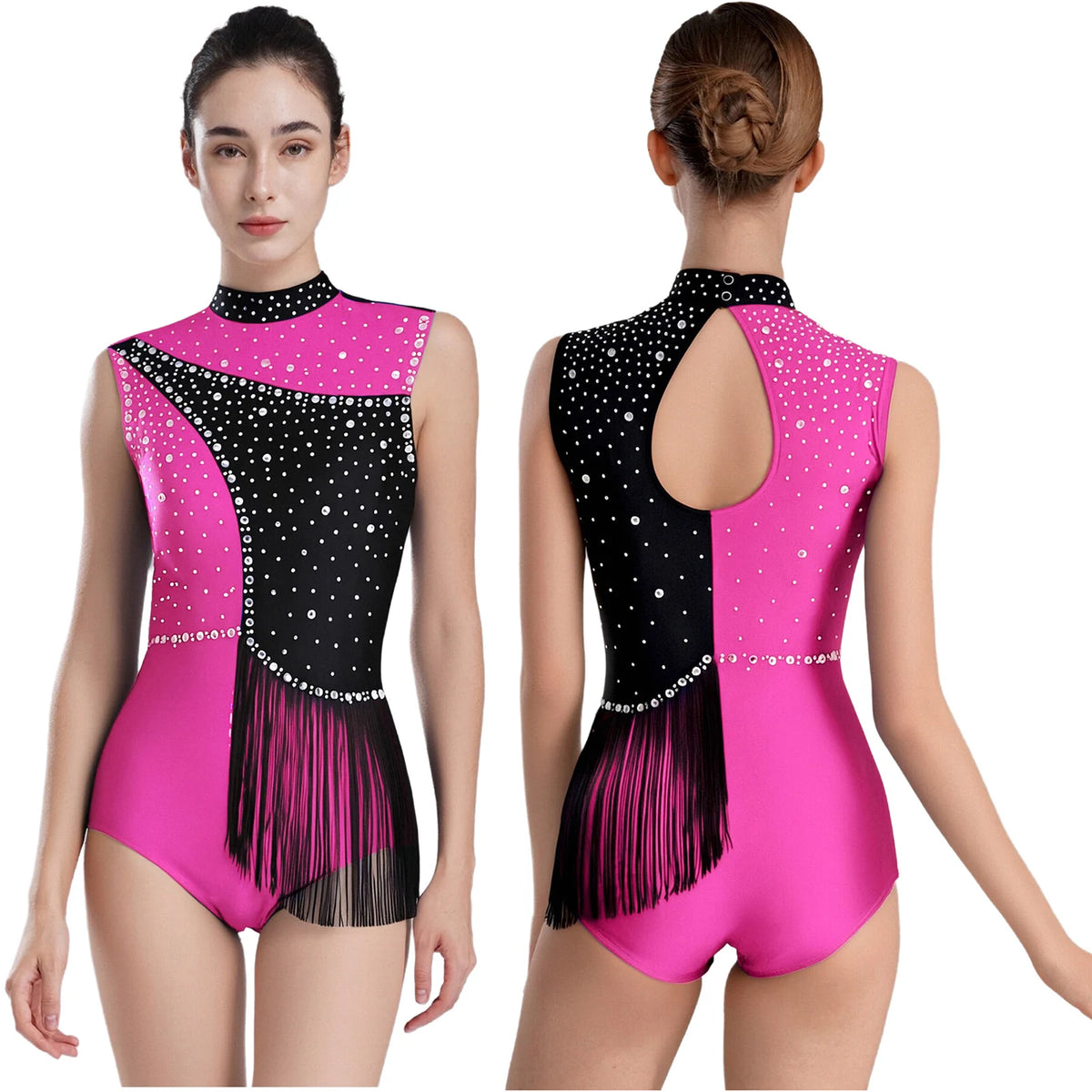 Girls' Rhinestone Skating Leotard Jumpsuit - Back Cutout Tassel