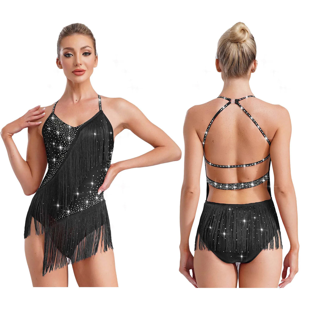 Girls' Rhinestone Skating Leotard Jumpsuit - Back Cutout Tassel