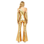 Women's Metallic Sequin Fringe Flare Jumpsuit - One-Shoulder Retro Disco