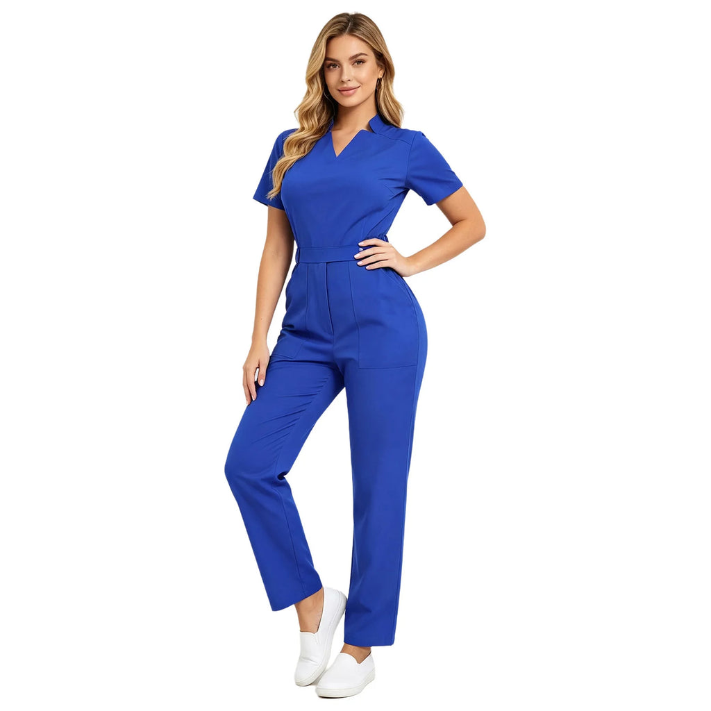 Women's Professional Scrub Jumpsuit - V-Neck Multi-Pocket Uniform